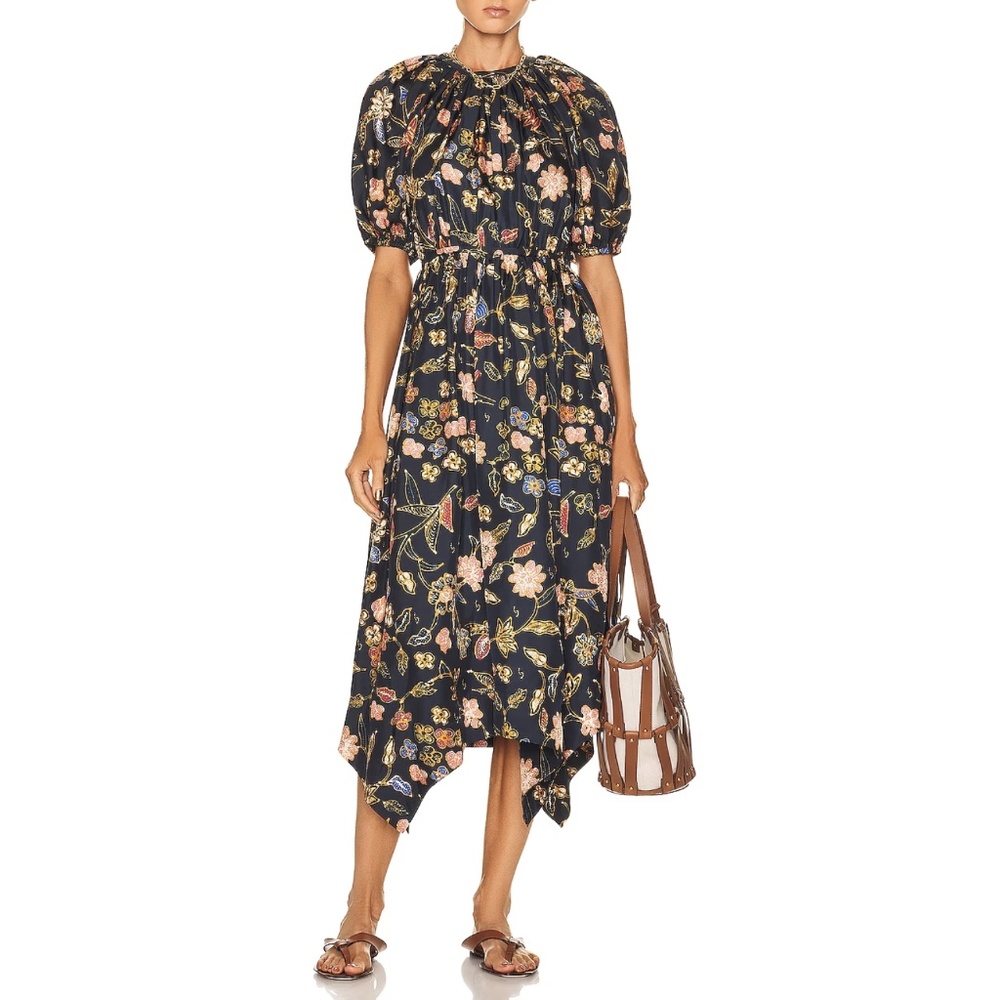 NWT Ulla Johnson Cybil Floral Print Puff Sleeve Silk Midi Dress Sz. 4